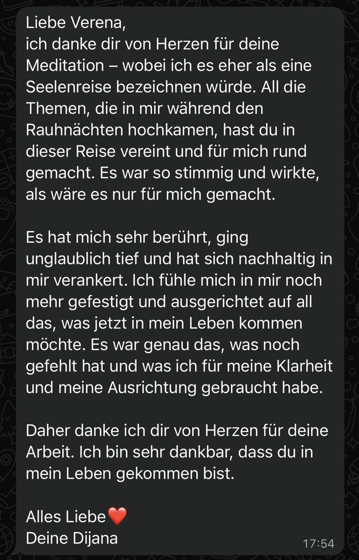 WhatsApp-Nachricht einer Kundin nach der Rauhnächte-Begleitung