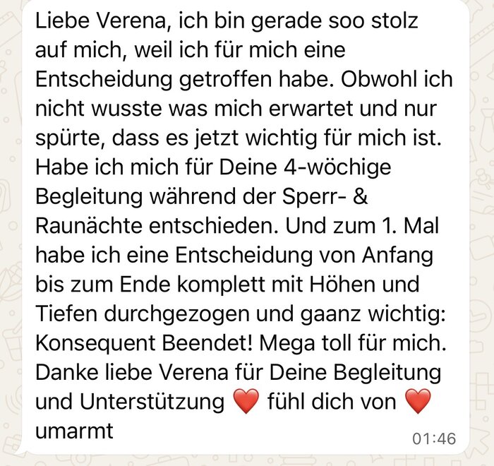 WhatsApp-Nachricht einer Kundin nach der 4-wöchigen Sperr- und Rauhnächte-Begleitung
